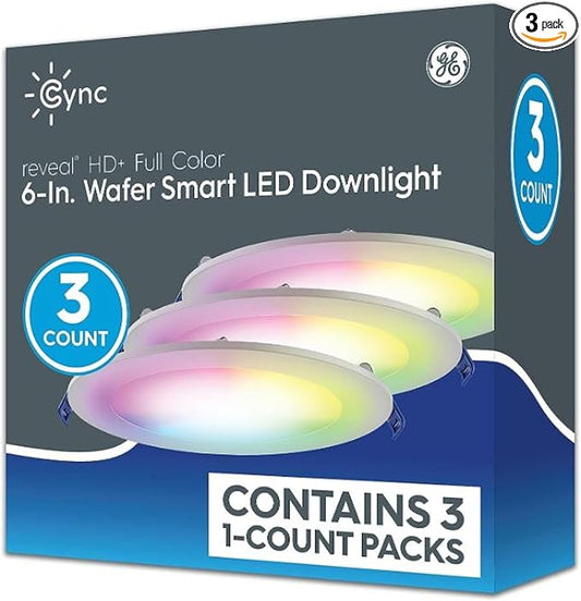 GE CYNC Smart LED Wafer Downlight Fixture, Reveal + Full Color, 6 Inches, Bluetooth and Wi-Fi, Compatible with Alexa and Google Home