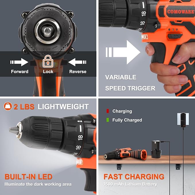 COMOWARE Home Tool Kit with 12V Cordless Power Drill, 169PCS Household Tool Set, Orange Storage Bag for DIY Home Repair & Maintenance