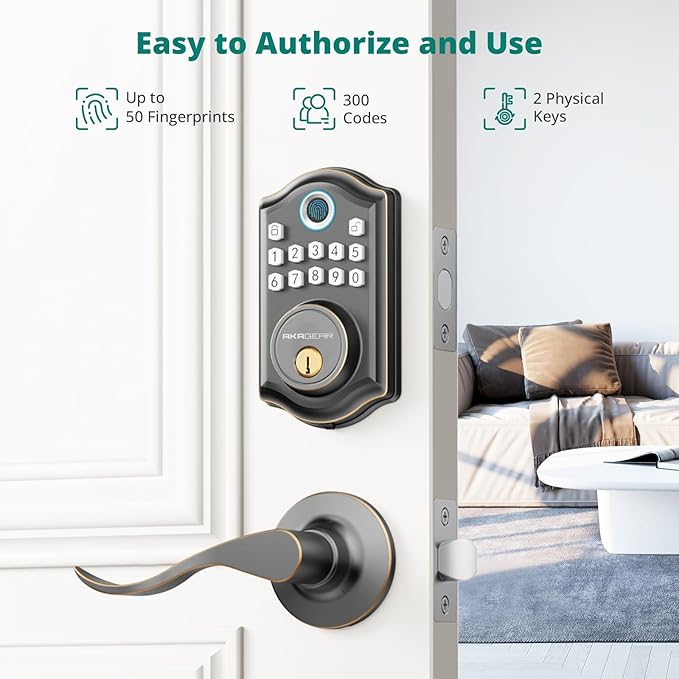 DS10 Keyless Entry Door Lock with 2 Lever Handle, Fingerprint, Keypad Code, 2 Keys, Smart Locks for Front Door, Bedroom, One-time Code, Auto-Lock, Easy Installation