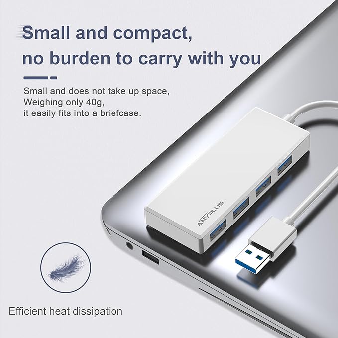 USB 3.0 Hub, Portable Slim USB Hub Adapter, 0.8 ft Multiple USB Splitter, USB Extender for PC, Laptop, iMac, Surface Pro, MacBook, Mac Pro, Flash Drive, XPS, Mouse, HDD【White】