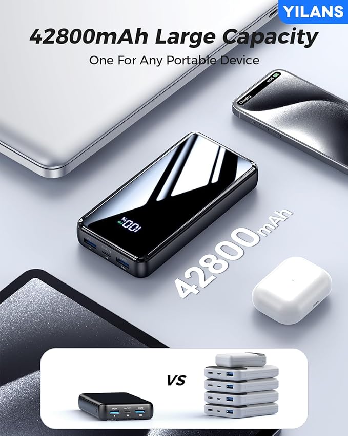 Portable Charger,42800mAh Power Bank Built-in Cable,22.5W PD USB C in & Out Fast Charging, External Battery Pack 6 Output & 2 Input, Travel Phone Charger for iPhone 17/16/15/14/13/12, Android (Black)