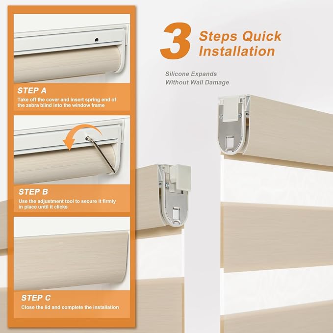 Persilux No Drill No Tool Custom Size Zebra Blind Dual Layer Privacy for Day and Night Window Blinds Light Filtering Cordless Windows Shades for Windows,Easy to Install Thermal Insulated Blinds,Beige