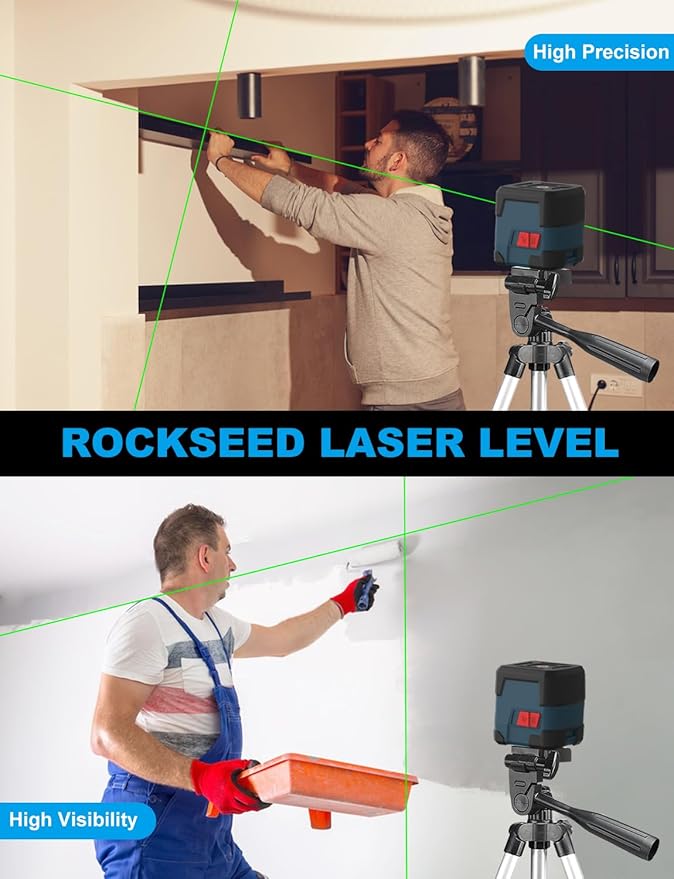 Laser Level, RockSeed Cross Line Laser with Self-Leveling, Vertical and Horizontal Line, Rotatable 360 Degree, Carrying Pouch, Battery Included (Green with27 inch Tripod)
