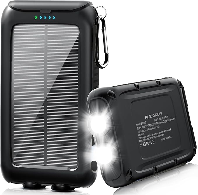 Solar-Charger-Power-Bank-49800mAh Portable Solar Phone Charger with LED Flashlight/15W Fast Charge USB C Waterproof External Backup Battery Pack for All Cell Phones & Electronic Devices
