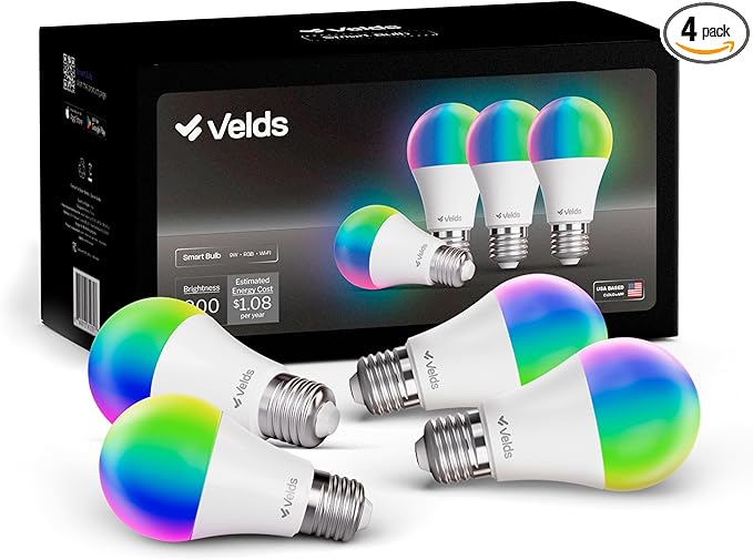 Smart LED Light Bulb 9W (60W Equivalent) - RGB Color Changing & Tunable White, WiFi+Bluetooth, Music Sync, Alexa & Google Home Compatible, No Hub Required, A19 E26 Dimmable, 800 Lumens, 4 Pack