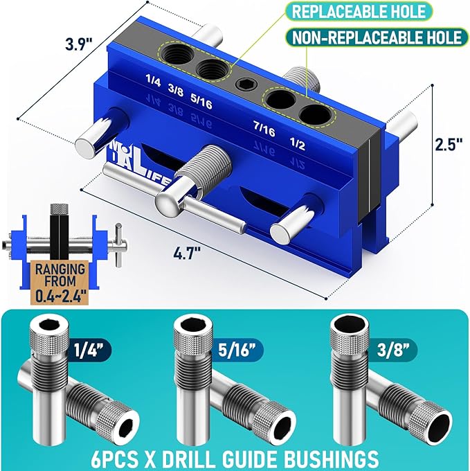 Self Centering Doweling Jig Kit, Drill Jig For Straight Holes Biscuit Joiner Set With 6 Drill Guide Bushings, Adjustable Width Drilling Guide Tool Accessory Jigs (Blue)