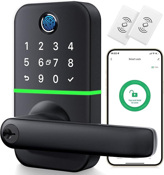 Keypad Smart Door Lock with Handle: Kucacci Keyless Entry Fingerprint Lock - Digital Code Handle with Keypad - Electronic Smart Knob for Front Door - Deadbolt Alternative with App - Easy Installation