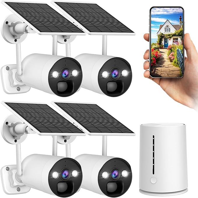 CAMCAMP 3MP Solar Security Cameras Wireless Outdoor, Solar-Power CCTV Camera Security System, 4-Cam Kit, PIR Human Detection, 2-Way Audio, Color Night Vision, Spotlight Alert, SD Local Storage/Cloud