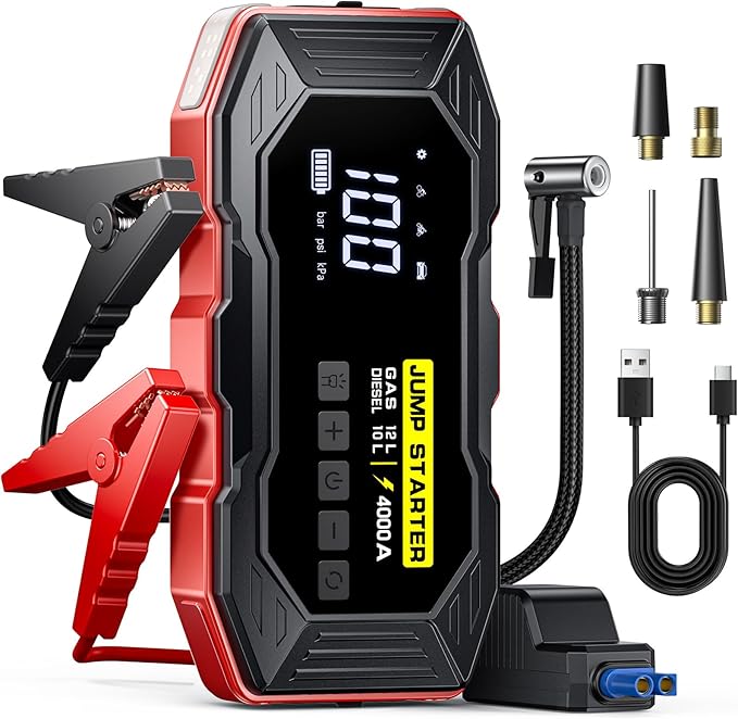 Jump Starter with Air Compressor, Portable Car Battery Jump Starter(12 Gas/10L Diesel), 4000A Peak 160PSI 12V Automobile Jump Box Pack Chargers with Jumper Cables, 4-Mode LED Lights, LCD Display