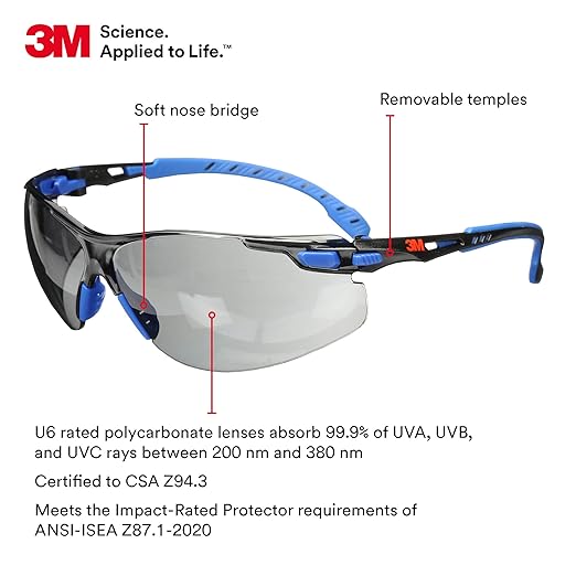 3M Safety Glasses, Solus 1000, S1102SGAF, ANSI Z87, Scotchgard Anti-Fog Gray Lens, Blue/Black Frame, UV Protection, Premium Eye Protection, Padded Temple, Soft Nosebridge