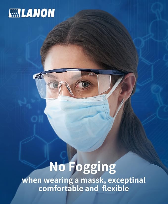 LANON 3 Pack Anti-Fog Safety Goggles with Ajustable Temples, 2.5 Times ANSI Z87.1 Double-sided Antifog, Side Protection, High Transmission, Lightweight