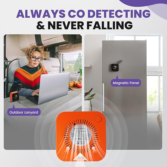 3-in-1 Portable Carbon Monoxide Detector | UL-Compliant CO Detector, Temp, Humidity Monitor for Travel, Camping, RV | USB-C Rechargeable (1, Orange)