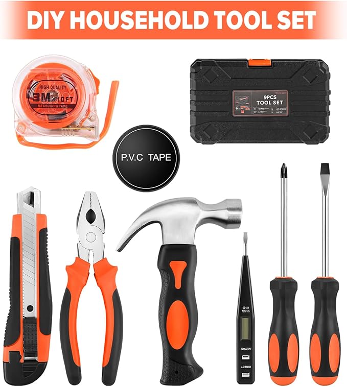 9pcs General Household Tool Set, Home Tool Kit with Plastic Toolbox for DIY, Maintenance, Perfect for Students & Homeowners (Red)