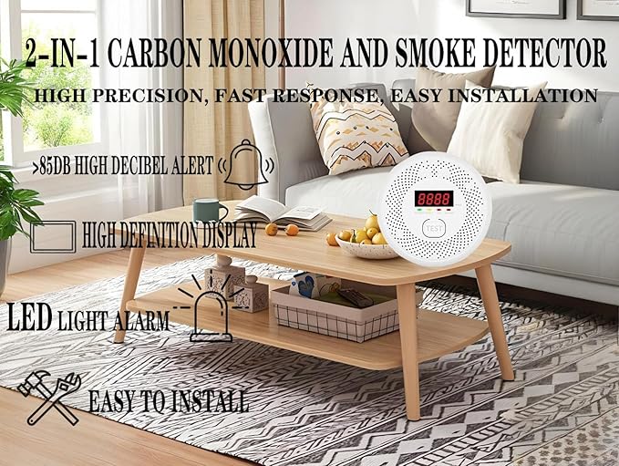 Carbon Monoxide and Smoke Detector LCD Display, Battery Powered, Dual sensors, 85dB Voice Alarm and Real-time Tracking, Suitable for Home/Kitchen/Bedroom/RV (Small Screen, 2Pack-CO&Smoke)