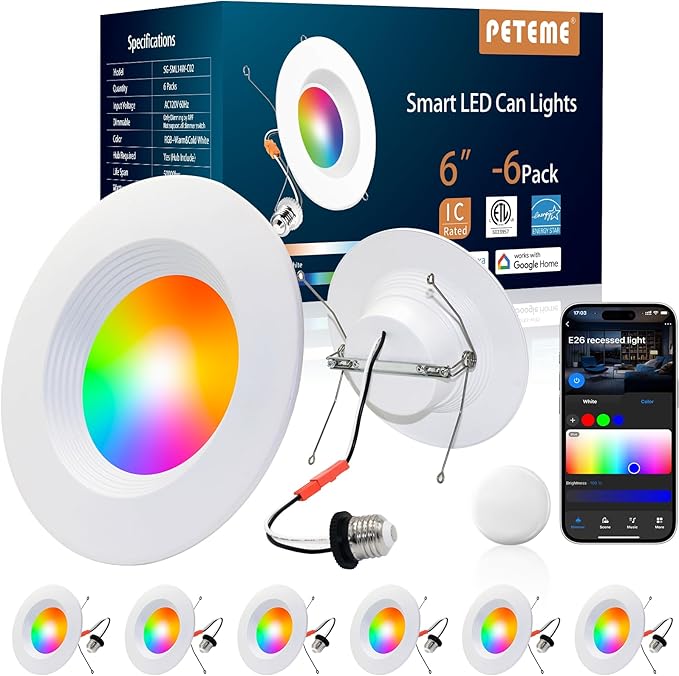Peteme E26 Retrofit LED Recessed Lighting 6 Inch, IC Rated ETL Certified Smart Can Light Baffle Trim Style, RGBCW Dimmable Color Changing Soffit Downlight Compatible with Alexa/Google, 1100LM, 6 Pack