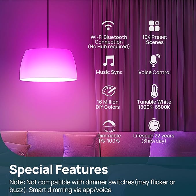 Linkind Smart Light Bulbs, 1100LM (75W Equivalent) Smart Bulb, Work with Alexa & Google Home, RGBTW Color Changing Bulbs Music Sync, 2.4GHz Wi-Fi & Bluetooth, LED Alexa Light Bulbs 11W, A19 E26, 4Pack