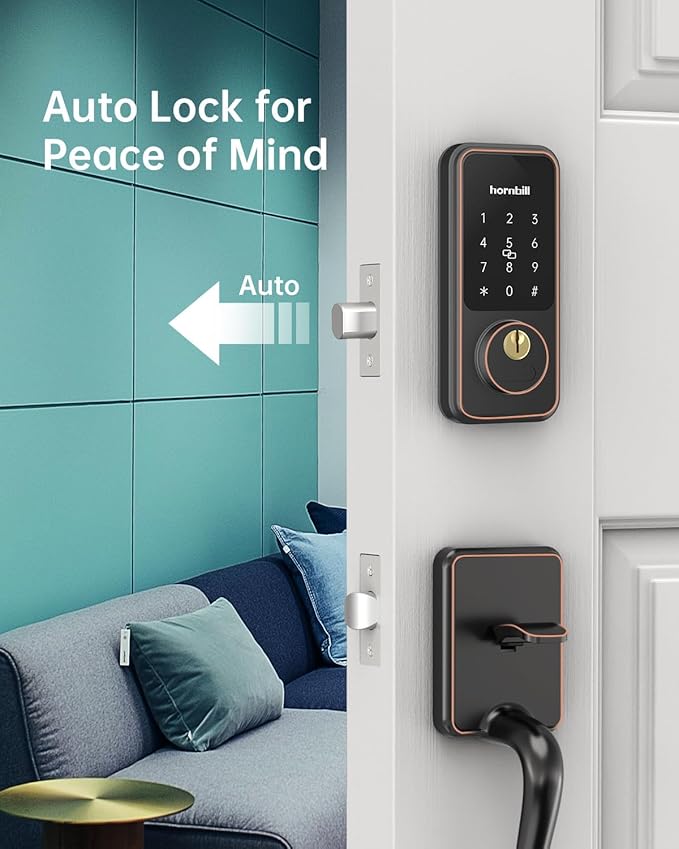 Front Door Lock Set Keyless Entry: Keyless Entry Smart Deadbolt with Handle Set, Hornbill Keypad Electronic Door Lock with Handles, APP/Bluetooth/Auto Lock/Keyfobs/Keys, Oil Rubbed Bronze