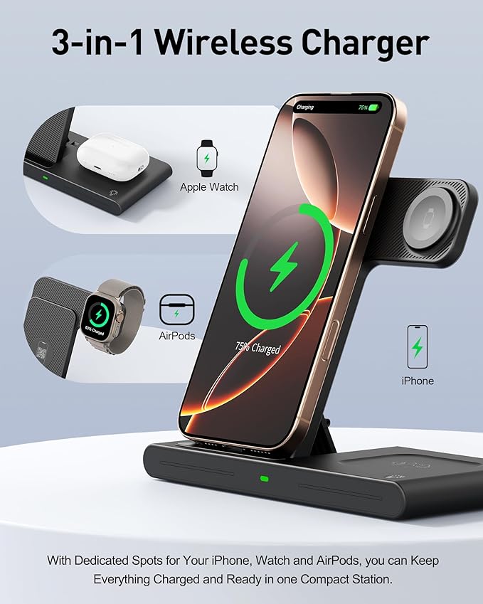 2025 Traveling Portable Wireless Fast Charger for Apple & Android Charging Station,3 in 1 Charging for iPhone 17 16 15 14 13 12,Apple Watch Series & Air pods 4 3 2 Pro,Samsung Galaxy-Gifts for Family