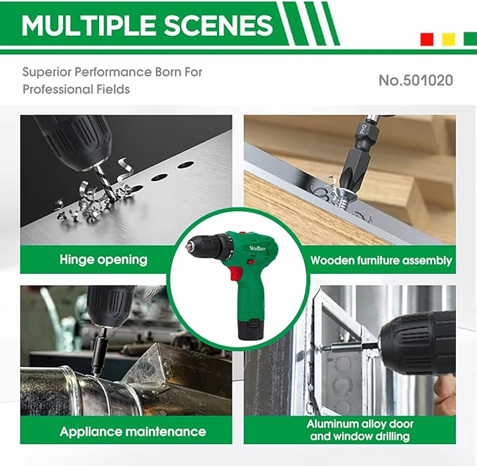 NEWBEAT Cordless Drill Set, 12V Power Drill Driver with Battery and Charger, 3/8" Keyless Chuck, 2 Variable Speed, 18+1 Torque Setting, Cordless Drill Driver Kit for Home and DIY Project