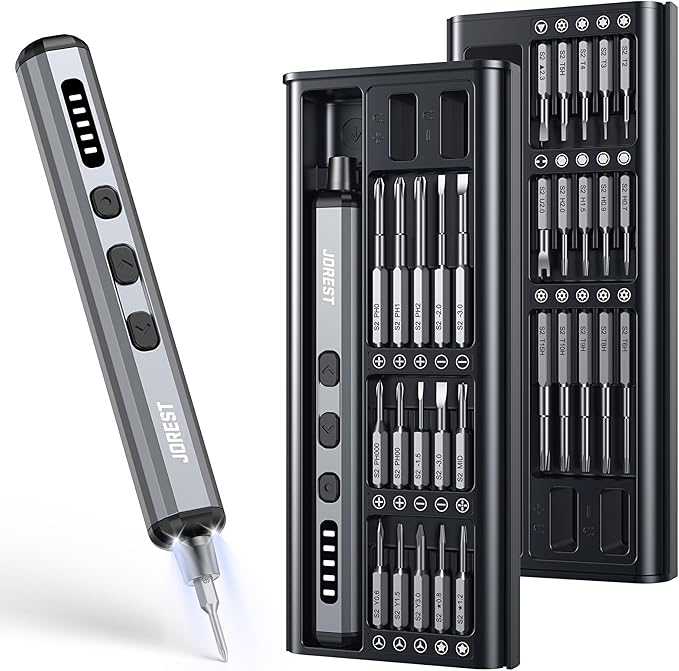 JOREST Mini Electric Screwdriver, Precision Set with 38-in-1 Magnetic Bits, 5 Torque Settings, LED Light, Repair Tool Kit for iPhones, Laptop, Drone, Game Console, Camera, Glasses, Watches, Toys