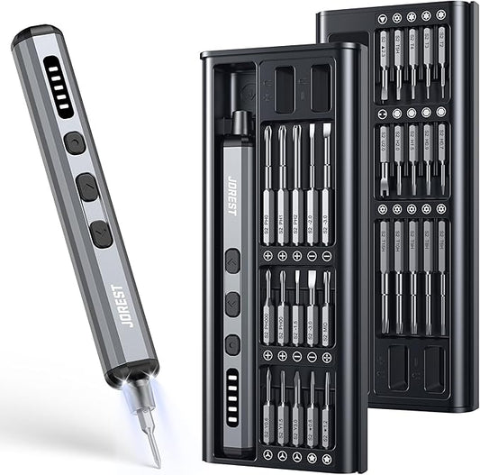 JOREST Mini Electric Screwdriver, Precision Set with 38-in-1 Magnetic Bits, 5 Torque Settings, LED Light, Repair Tool Kit for iPhones, Laptop, Drone, Game Console, Camera, Glasses, Watches, Toys