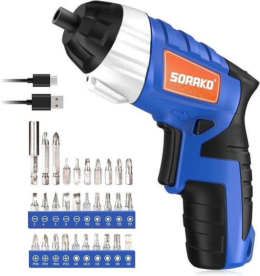 Electric Screwdriver, SORAKO Cordless Screwdriver Rechargeable 4V Max, Power Screwdriver with LED Light, 1300mAh Battery Screwdriver 6 Nm 30 PCS Screw Gun Accessories for Home DIY, Car Repair