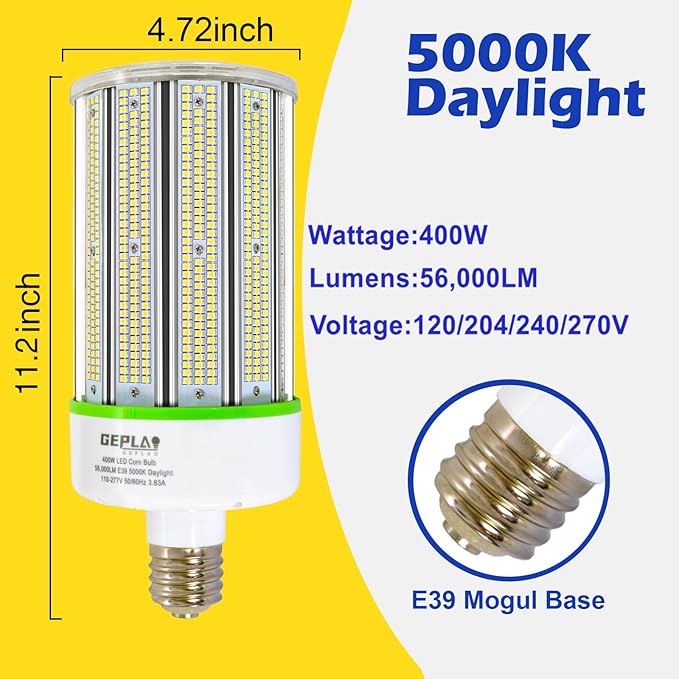 400W LED Corn Cob Light Bulb, E39 Mogul Base Bulbs, 5000K Daylight 56,000LM(Eqv.1,200w Mh/Hps/Hid), for Street, Shop,Warehouse,Park lot Lighting(Non-Dimmable)