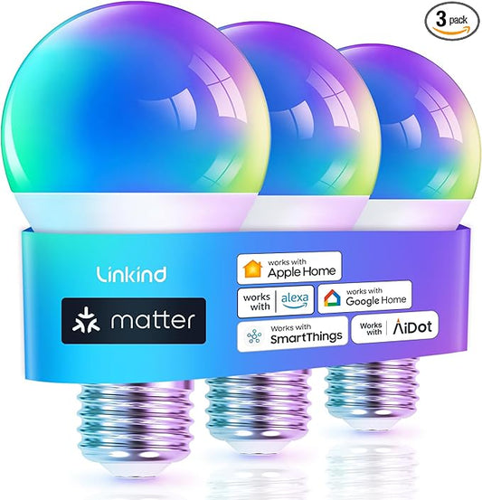 Linkind Matter Smart Light Bulb, Smart Bulbs Work with Apple Home, Siri, Alexa, Google Home, SmartThings, Color Changing Light Bulbs RGTBW Music Sync, Mood Lights, 2.4Ghz WiFi A19 E26 60W 800LM 3 Pack