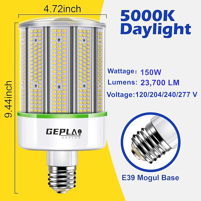 1500 Watt Replacement LED Corn Bulb, 150 Watt E39 Mogul Base, 23,700 Lumens, 5000K Daylight, (Not Dimmable) 2-Pack
