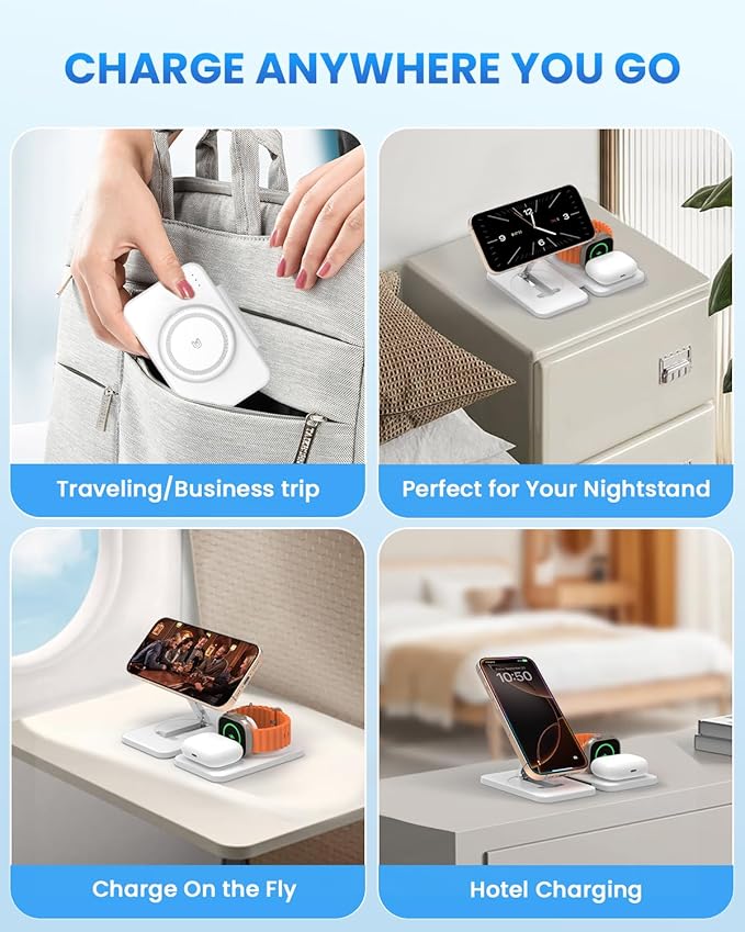 Wireless Charging Station for Mag-Safe Charger: JoyGeek Fast Wireless Charger Pad for iPhone 16/15/14/13/12 Series -Travel Stand for Apple Watch 10-2 - Air-Pods 4/3/2/Pro