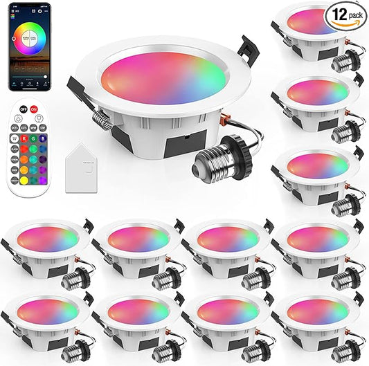3" Smart Recessed Light 12Pack, Compatible with Alexa Google Home, WiFi & Bluetooth, RGBCW, 2700K~6500K CCT Selectable, Dimmeble, Multicolor, 3 Inch Remote Control Can-Killer LED Downlight