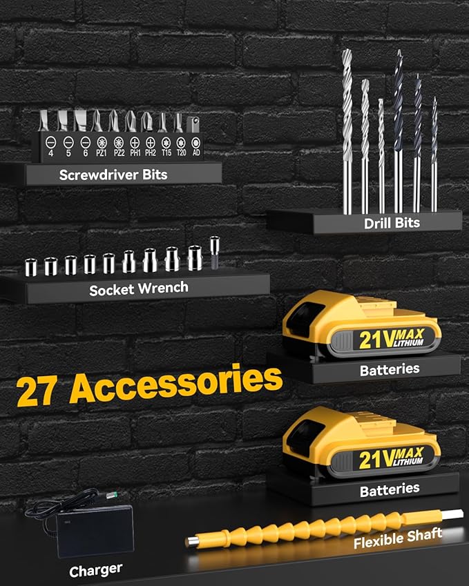Cordless Drill, 21V 2x 2.0Ah Batteries Electric Drill, Electric Screwdriver Set, 398 In-lbs Power Hammer Drills Driver, 25+3 Torque, 2 Speed LED Light 27 Accessories Combi Drills Kit Tools