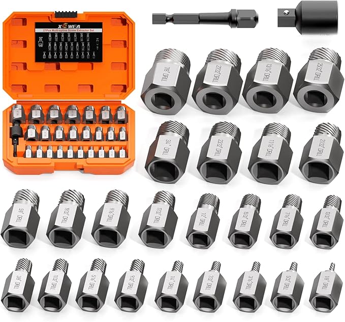 XEWEA Upgrade Screw Extractor Set, 27 PCS 3/8" Inch Drive Easy Out Bolt Extractor Set, Multi-Spline, for Removing Broken Studs, Bolts, Screws - More Convenient