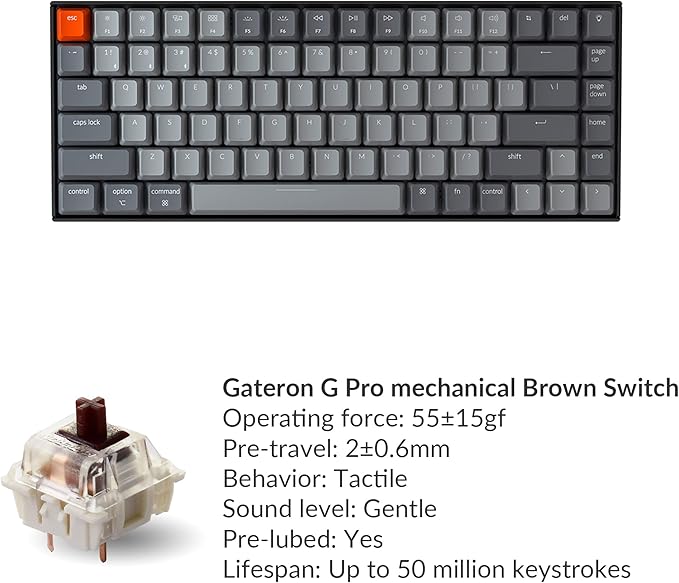 Keychron K2 75% Layout RGB Bluetooth Wireless Mechanical Keyboard with Gateron G Pro Brown Switch/Anti Ghosting/N-Key Rollover, Compact 84 Keys USB Wired Gaming Keyboard for Mac Windows-Version 2