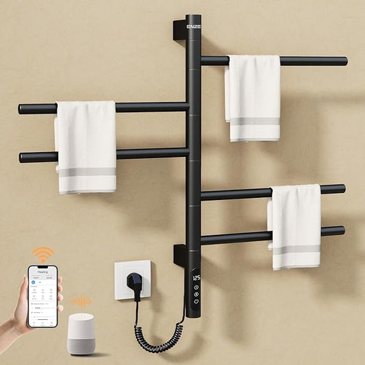 ENZE Smart Rotating Heated Towel Rack for Bathroom, Wall-Mounted Electric Towel Dryer with Swivel Bars, Smart Timer, Low Carbon Steel, IPX5, Plug-in/Hardwired, Towel Warmer with Wi-Fi App Control