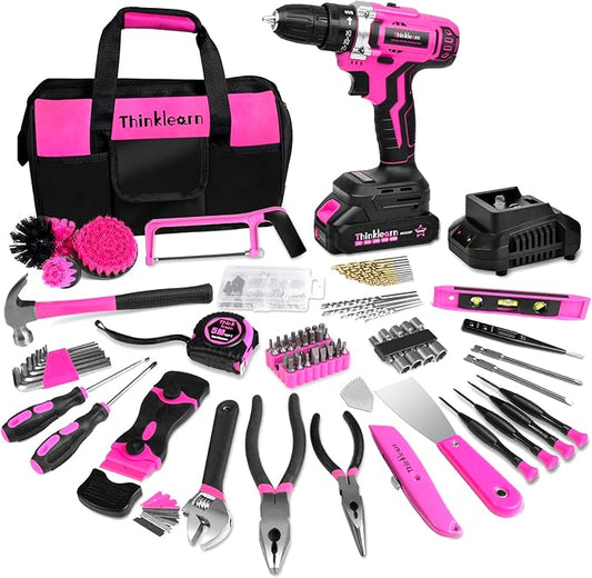 Tool Kit with 20V Cordless Drill(265in-lbs), Pink Drill Set for Women, Lady's Home Tool Kit for DIY, Daily Repair Tool Set as a Creative Gift with a Large-Capacity Tool Storage Bag