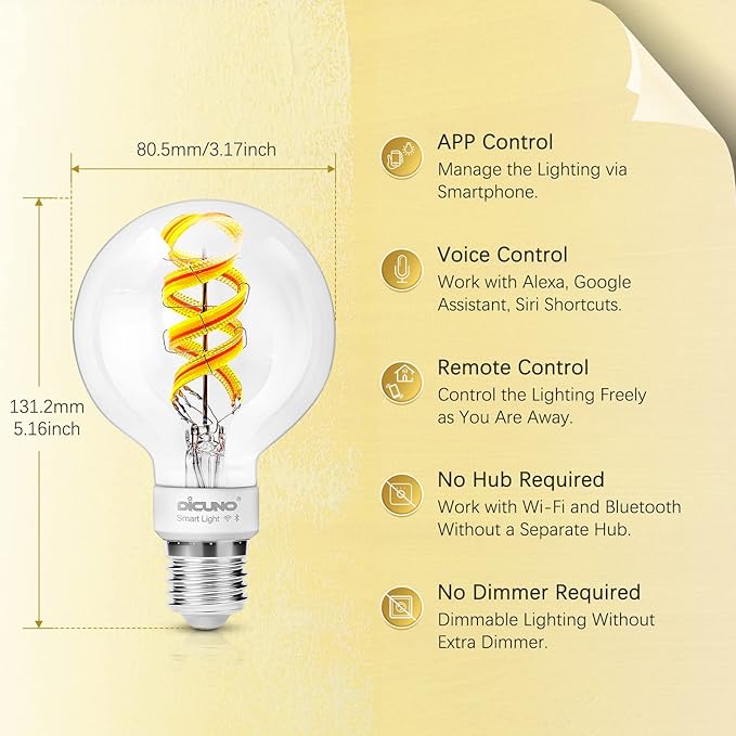 DiCUNO Smart Edison Bulb G80, Color Changing WiFi Smart Light Bulb, Vinatge Globe Filament Bulb Compatible with Alexa & Google, Dimmable with App, 50 Watt Equivalent 450LM, No Hub Required, 1 Pack