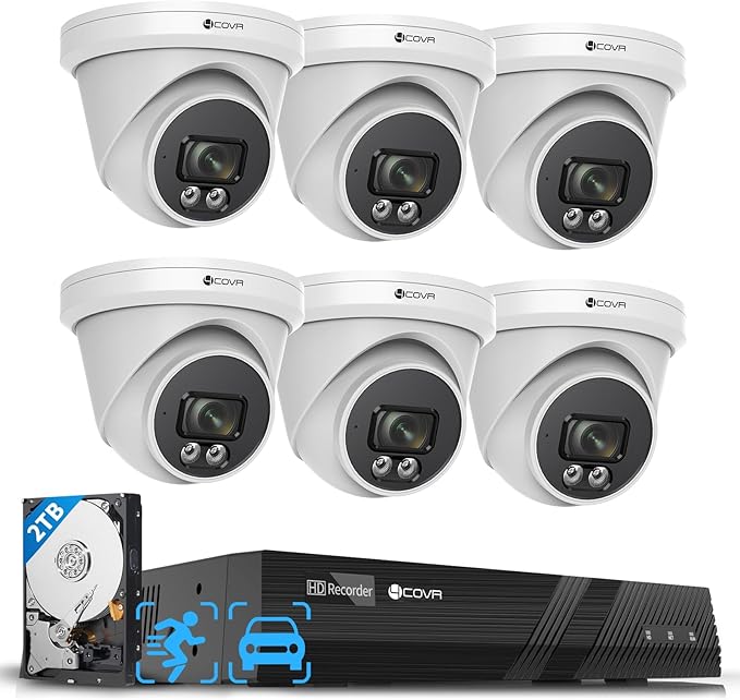 4COVR Security Camera Outdoor System, AI Human Vehicle Detection, 6Pcs 5MP 2.8mm 110? Wide Angle Dome PoE IP Camera with Mic IP67 Night Vision, 8CH 4K NVR 2TB HDD, 24/7 Recording, LY97SA5M0806