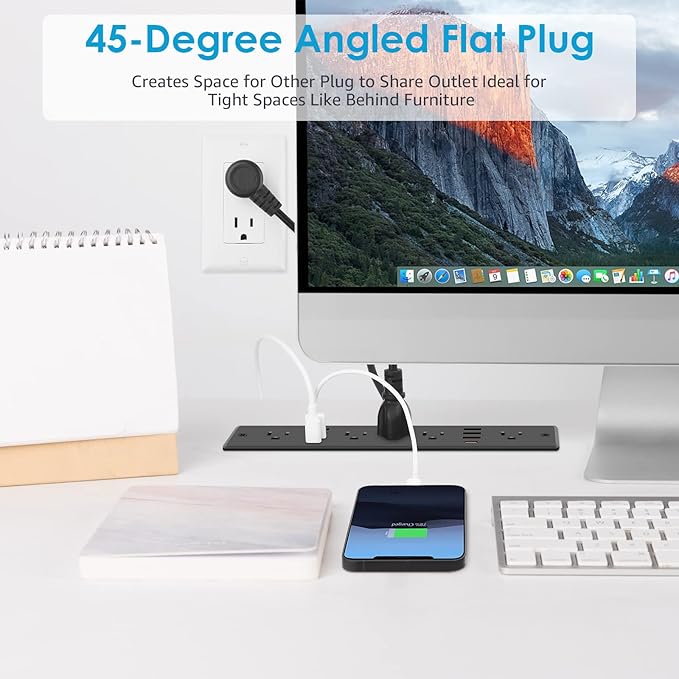 HHSOET 45W Fast Charging Recessed Power Strip Flat Plug, 13 in 1 Furniture Outlet with USB, Conference Recessed Surge Protection Socket with 5 AC Plugs, 6 USB Ports 2 USB-C, 10ft Power Cord.(Black)