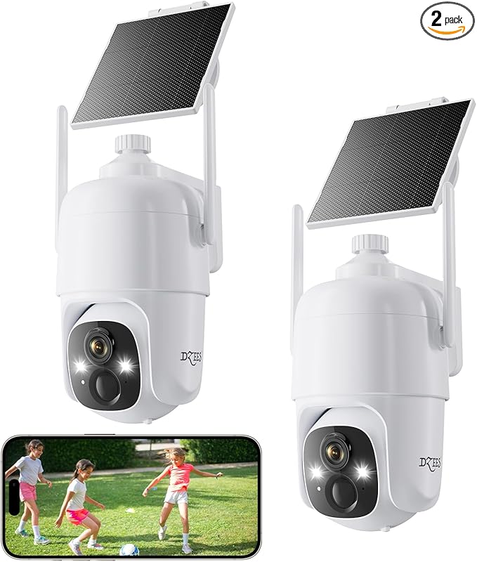 Dzees Solar Security Cameras Wireless Outdoor, 2K Battery Powered Security Camera, 360° PTZ Camera with Spotlight, Siren, Color Night Vision, AI Dectection, IP66 for Home Security, 2.4GHz 2-Pack