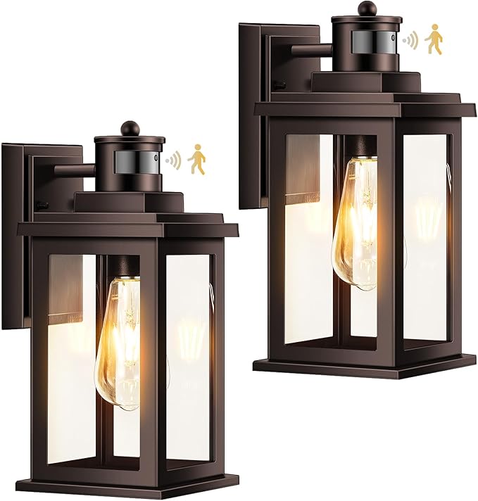 VIANIS 2 Pack Outdoor Lights for House, Brown Dusk to Dawn Motion Sensor Outdoor Light, Oil Rubbed Bronze Porch Lights Outdoor Lantern for Garden, Garage, Doorway, Aluminum,Hardwired, Non-Solar