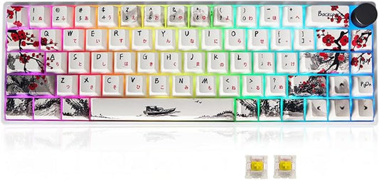 MOLGRIA GK68 68-Key RGB Backlit Gaming Keyboard with Plum Blossom Keycaps, Hot Swappable Yellow Mechinery Switches, Wired and Wireless with Knob Mechanical Keyboard for Win/Mac OS