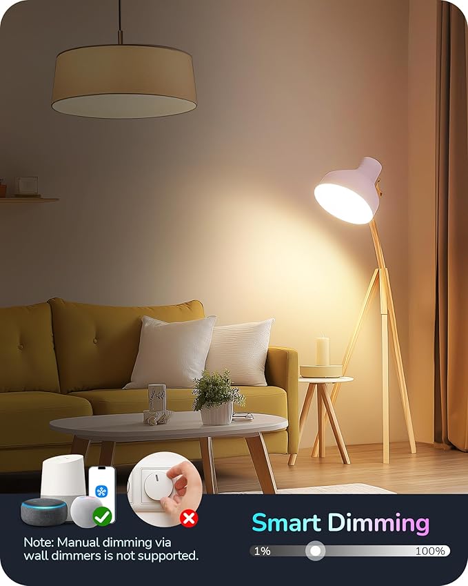 EDISHINE Matter Smart Light Bulbs, Smart Bulbs Work with Apple Home/Alexa/Google Home/SmartThings, RGBTW Color Changing Light Bulb Music Sync, 2.4GHz WiFi Bulb, 800LM Equivalent 60W, A19, E26, 4PCS