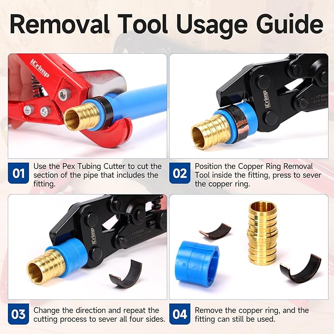 iCrimp Combo Pex Pipe Crimping Tool Kit for 1/2 and 3/4-inch Copper Ring, meets ASTM 1807, Copper Ring Crimper, Removal Tool and Pex Tubing Cutter