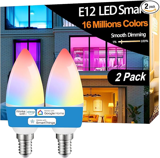 Vinaco E12 Smart LED Bulb 5W 600LM, 2 Pack E12 LED Light Bulbs Color Changing WiFi Bluetooth Work with Alexa & Google Assistant, Smart E 12 Candelabra Bulb 60 Watt E 12 Base, RGB Light Bulbs B11