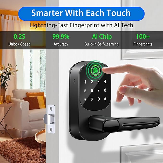 Smart Lock with Handle,Keyless Entry Door Lock,Digital Keypad Deadbolt with App Control, Fingerprint Unlock, PIN Code Unlock, Auto Locking,Smart Locks for Front Door/Exterior/Interior/Bedroom Doors