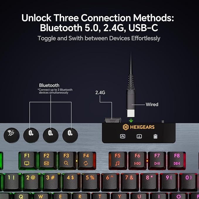 Hexgears Immersion A3 TKL Wireless Mechanical Gaming Keyboard, Bluetooth/2.4G/USB-C Hot-Swappable Low-Profile Keyboard with Tactile Switches, 16.8M RGB Backlit, Display Screen & 5800mAh Battery(Black)