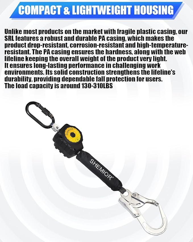 6FT Self Retracting Lifeline, Swivel Top Lightweight Housing Shemior Web SRL ANSI Self Retractable Safety Lanyard, Fall Arrest Protection Gear for Roofing Construction, Rebar Hook