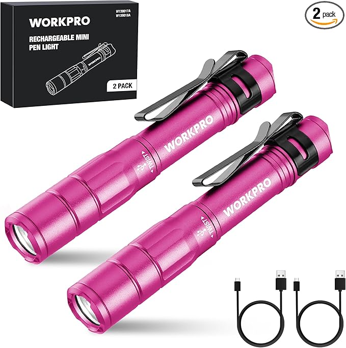 WORKPRO Rechargeable Pen Light, Mini Flashlight, 2 Pack Ultra-Compact EDC Flashlight, Pocket Flashlight with Clip, Memory Function and 2 x USB C Cable Included, Pink