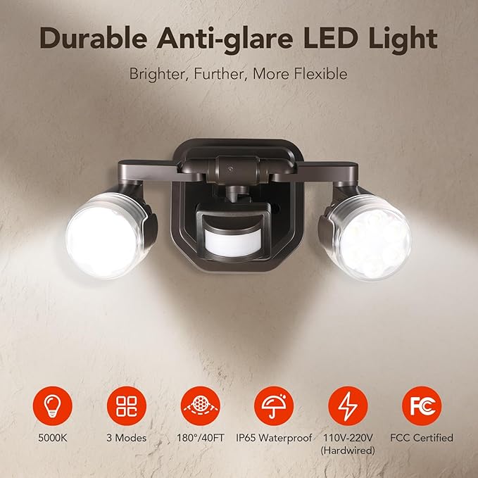 OREiN Motion Sensor Outdoor Lights, 450°Superwide Adjustment Dusk to Dawn Security Flood Lights Outdoor, 5000K 150W Equiv 3 Modes 180°/40FT, IP65, Bronze(Hardwired)